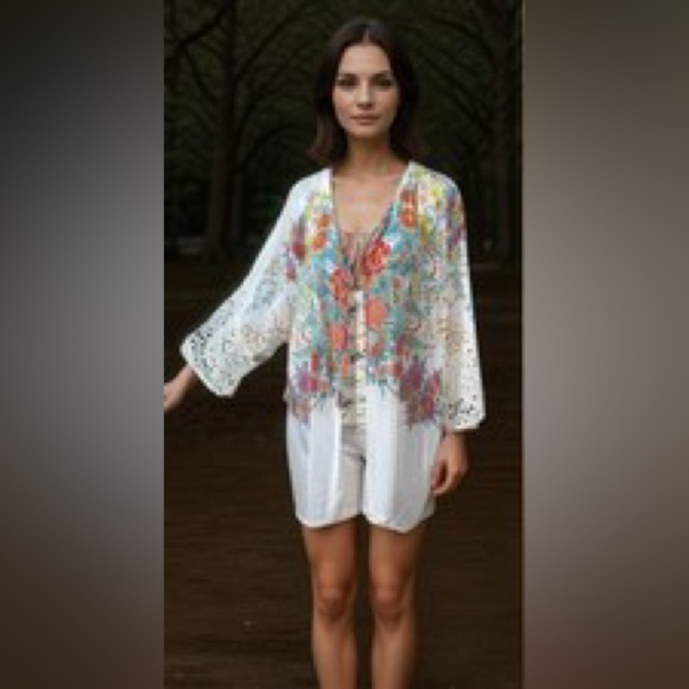 Johnny Was Multicolor Floral Boho Bode Kimono